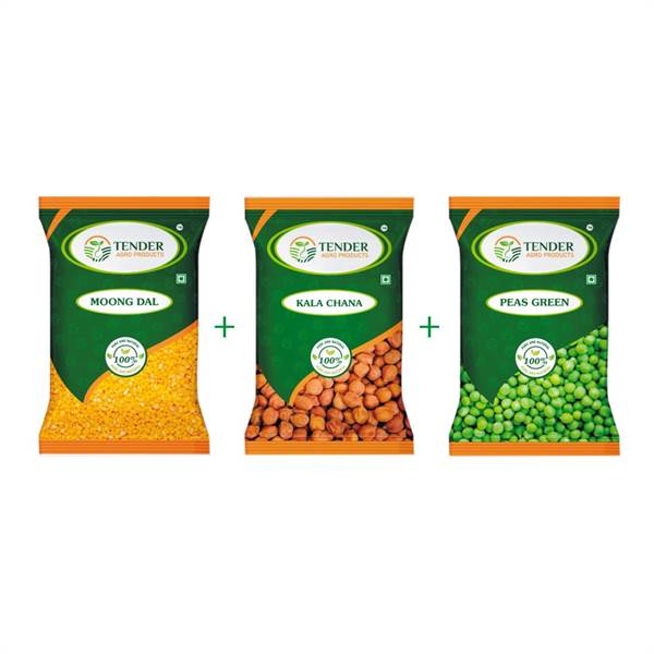 TENDER AGRO PRODUCTS Moong Dal 1kg +Kala Chana 1kg +Peas Green 1kg